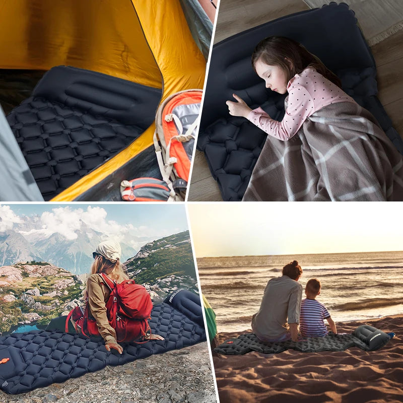 Four images showcase the Ten Essentials Ultralight Inflatable Camping Sleeping Pad with a built-in pump and travel pillow: nestled in a yellow tent, cradling a child in a blanket, supporting an outdoor backpacker, and cushioning a woman with a child beachside at sunset, thanks to its durable waterproof materials.