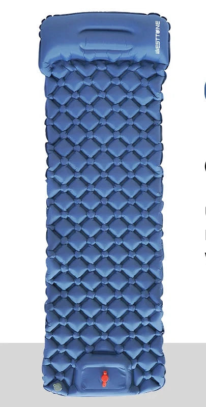 The Ten Essentials Ultralight Inflatable Camping Sleeping Pad has a dark blue quilted design, a built-in foot pump, and a pillow. It unfolds to 190cm x 58cm, packs down to 27cm x 10cm, and weighs just 590g. Made from durable waterproof materials for comfort and convenience.