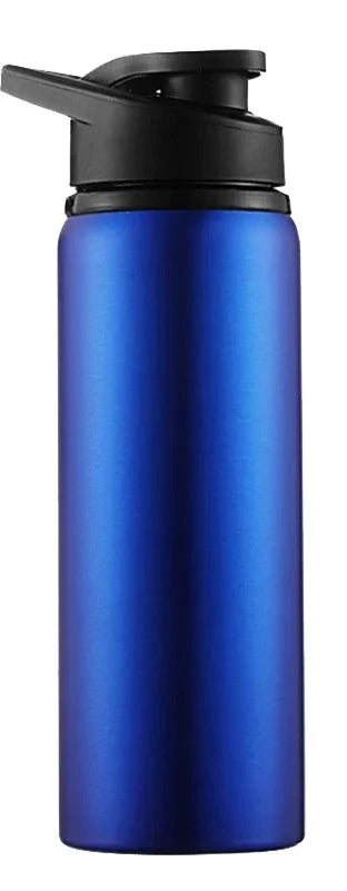 The Ten Essentials Portable Stainless Steel Water Bottle is shown in sleek blue with a black flip-top lid, labeled BLUE 1PC. Ideal for outdoor sports enthusiasts, this 700ml sport & travel flask is perfect for any adventure.