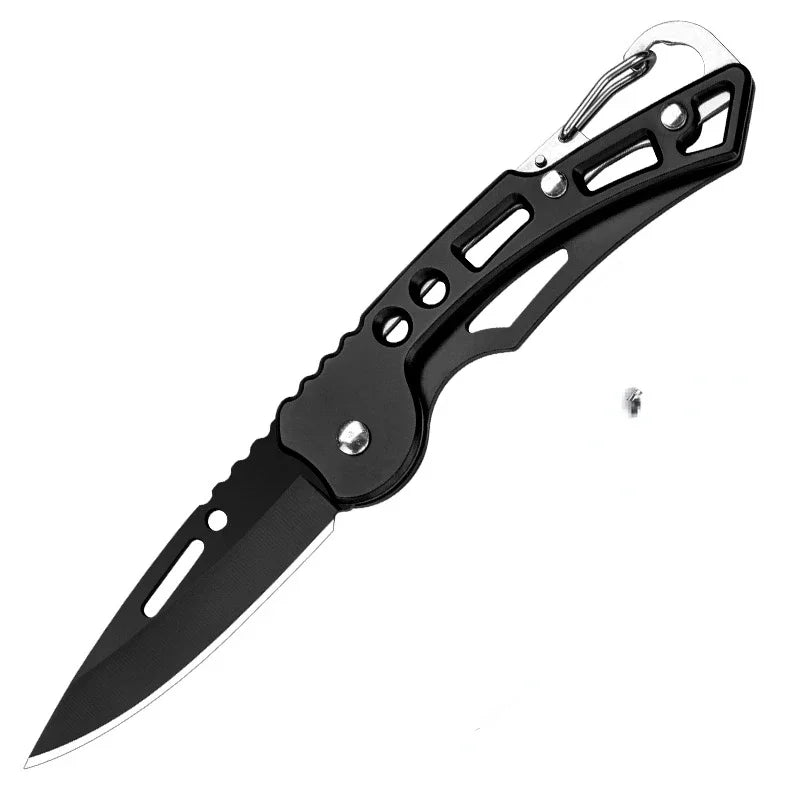 The Ten Essentials Folding Stainless Steel Pocket Knife features a lightweight cutout handle, partially serrated carbon steel blade, and carabiner clip, ideal for survival and outdoor use.