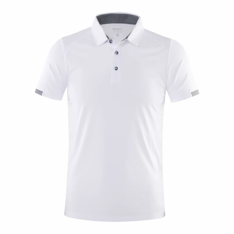 The Ten Essentials Custom Quick-Dry Polo Shirt is a white, short-sleeved shirt with a button-up collar and gray trim. Ideal for outdoor sports, its made from moisture-wicking polyester to keep you cool and comfortable.