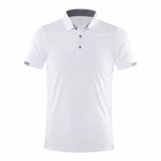 The Ten Essentials Custom Quick-Dry Polo Shirt is a white, short-sleeved shirt with a button-up collar and gray trim. Ideal for outdoor sports, its made from moisture-wicking polyester to keep you cool and comfortable.