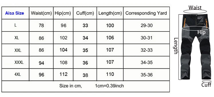 The Ten Essentials Men’s Quick-Dry Hiking Pants size chart in L, XL, XXL, XXXL, and 4XL includes waist, hip, cuff, and length in cm with yard sizes. Featuring ultra-stretch fabric illustration. Conversion: 1cm = 0.39 inches.