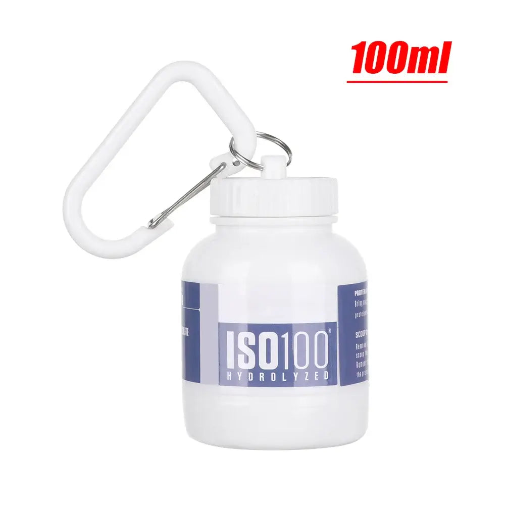 The Ten Essentials Mini Portable Protein Powder Bottle features a travel funnel and storage, complete with a keychain for on-the-go ease. Labeled ISO100 Hydrolyzed, the predominantly blue and white design includes red 100ml text, offering compact convenience.