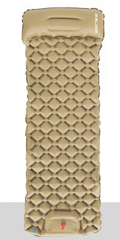 The Ten Essentials Ultralight Inflatable Camping Sleeping Pad with built-in foot pump and travel pillow measures 190cm x 58cm when unfolded and 27cm x 10cm packed, weighing just 740g. Made from durable waterproof materials, it features interconnected air cells for comfort and efficient storage.