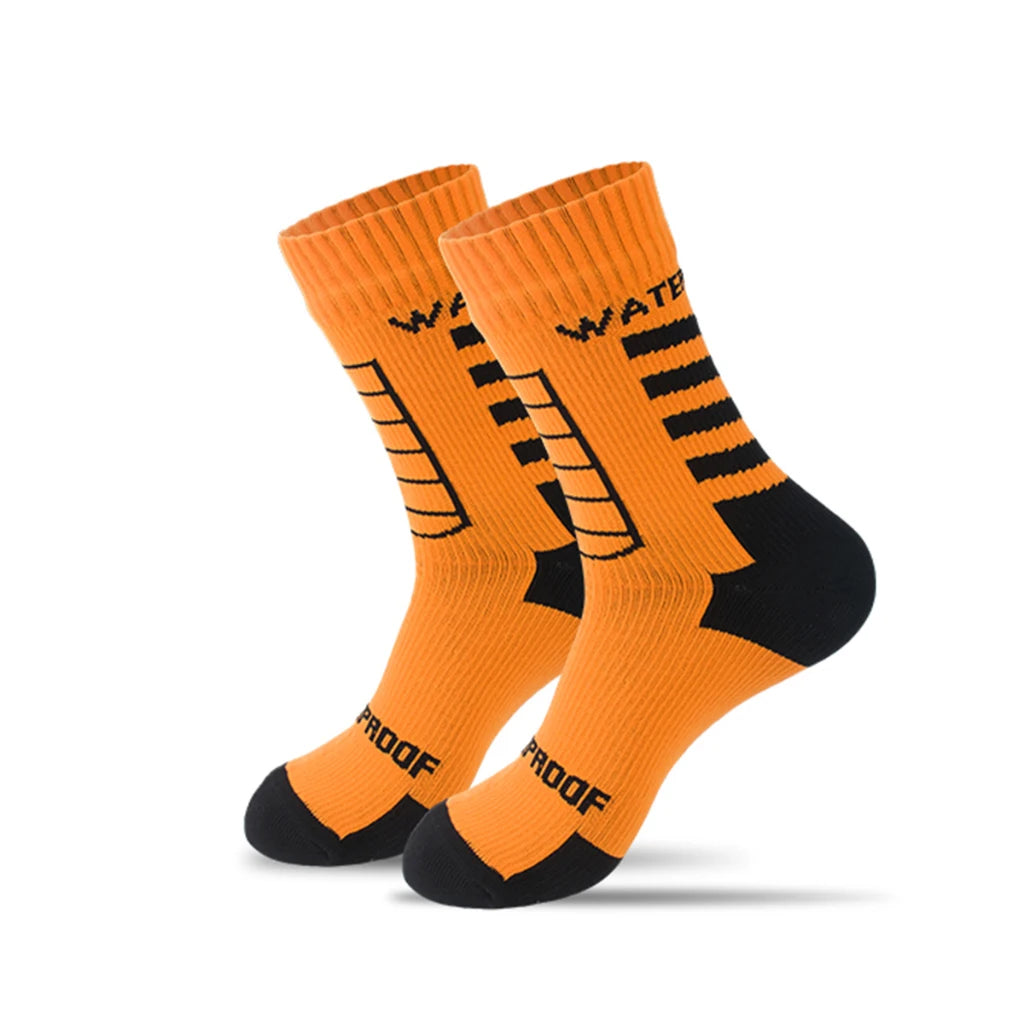 Ten Essentials Waterproof Outdoor Sports Socks feature a bright orange hue with black accents on toes, heels, and branding. Designed for outdoor sports, they sport bold horizontal stripes with a grid pattern, making them perfect for hiking and any adventure. Warm and breathable for skiing too.
