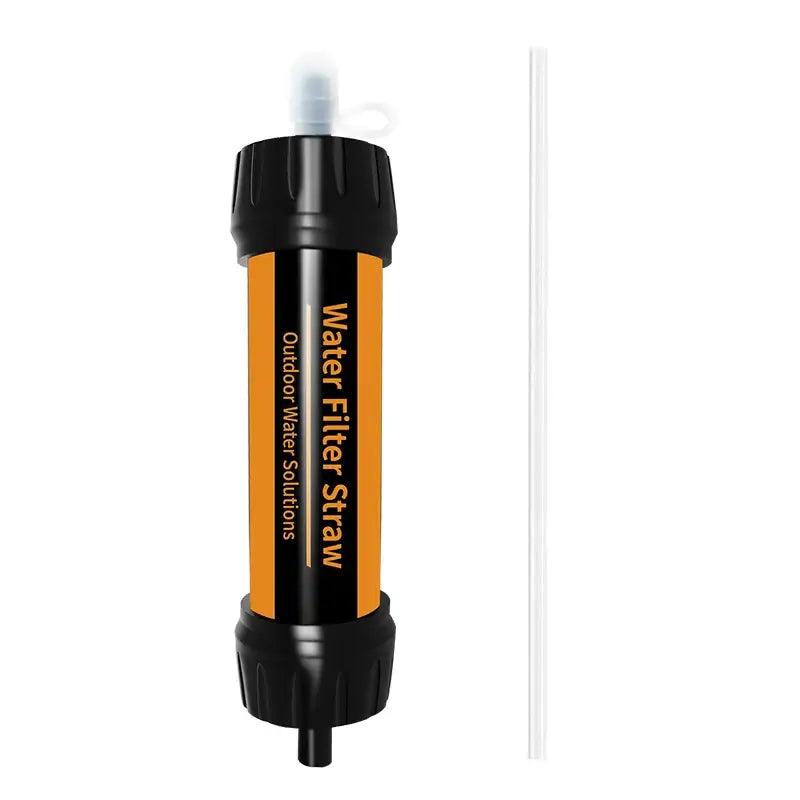 The Ten Essentials Filterwell Mini Emergency Travel Straw Filter is a clear, portable water purifier with black ends and an orange label reading Water Filter Straw, Outdoor Water Solutions. Ideal for emergency preparedness and outdoor activities.