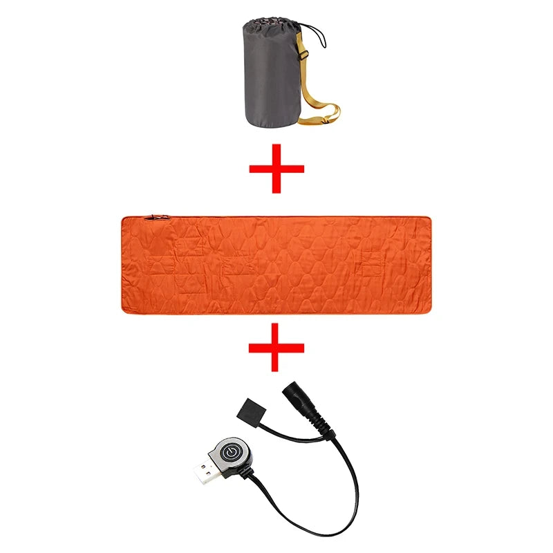 A compact grey bag with a yellow strap, an orange quilted mat, and a retractable USB cable with fast-heating connectors are arranged vertically with plus signs, indicating the Ten Essentials USB Heated Sleeping Bag Pad – Adjustable 3-Level Heating Camping Mat is part of the set.