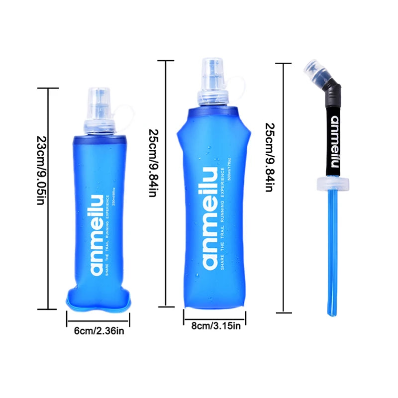 Image featuring three blue hydration containers labeled Ten Essentials, ideal for outdoor adventures: on the left, a 23 cm (9 in) bottle; center, an Ultralight Foldable Soft Flask of 25 cm (10 in); right, a BPA-free TPU nozzle-equipped straw.