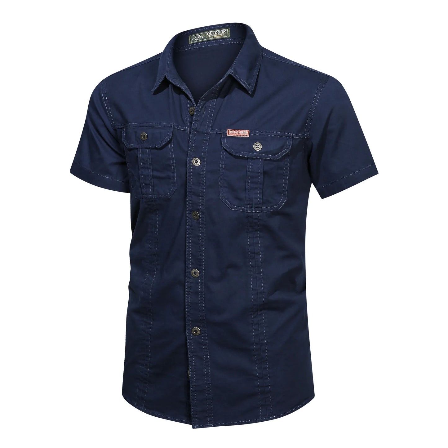 The Men’s Quick-Dry Tactical Shirt by Ten Essentials is navy blue, short-sleeve, and made of breathable cotton. It features two front button-flap pockets, visible stitching, a subtle label on the left pocket, and offers a rugged yet stylish military-inspired design.