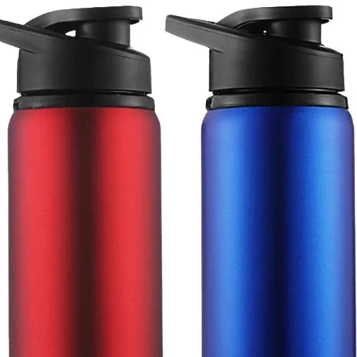 Two Ten Essentials 700ml portable stainless steel sport flasks, perfect for outdoor adventures—one in RED, one in BLUE, both with black lids. The color key helps ensure you always pick the right reusable flask.