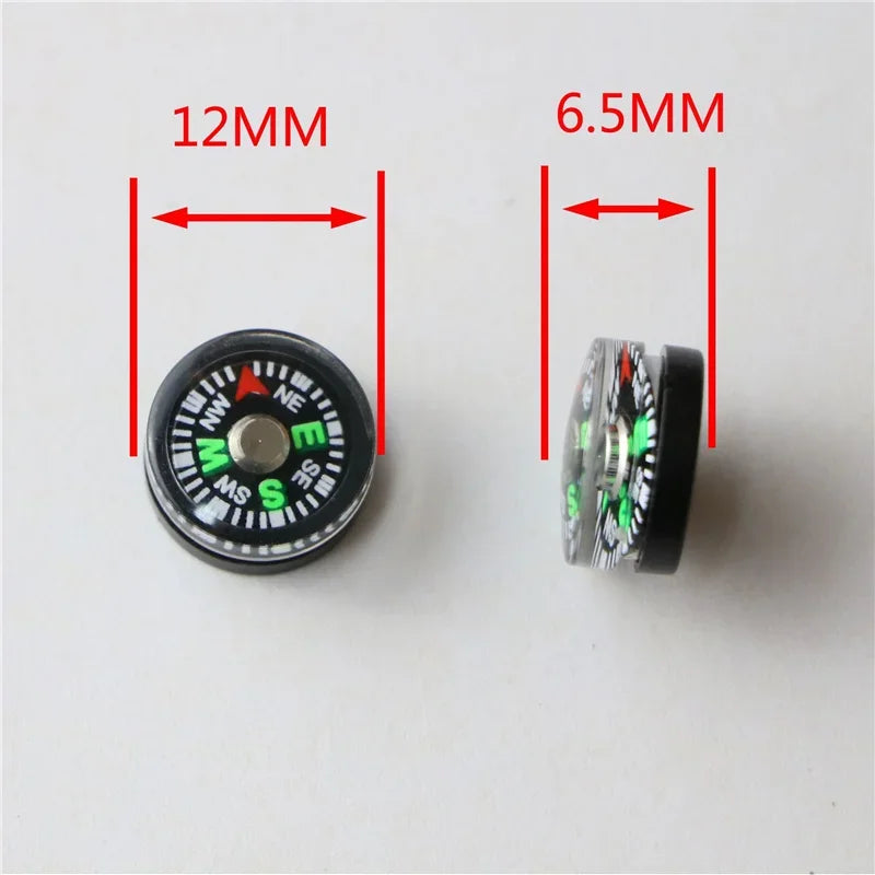 The Portable Aluminum Emergency Compass by Ten Essentials is a compact, 12mm diameter and 6.5mm height tool. Featuring red and white cardinal directions with N in red, its fluorescent pointer aids low-light navigation. Shown flat and on edge, this lightweight aluminum compass is perfect for emergencies.