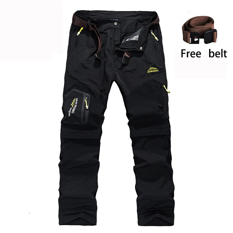 The Ten Essentials Men’s Convertible Quick-Dry Hiking Pants offer multiple zippered pockets, reinforced stitching, yellow accents, and an embroidered logo. Perfect for outdoor adventures with a free brown belt included.
