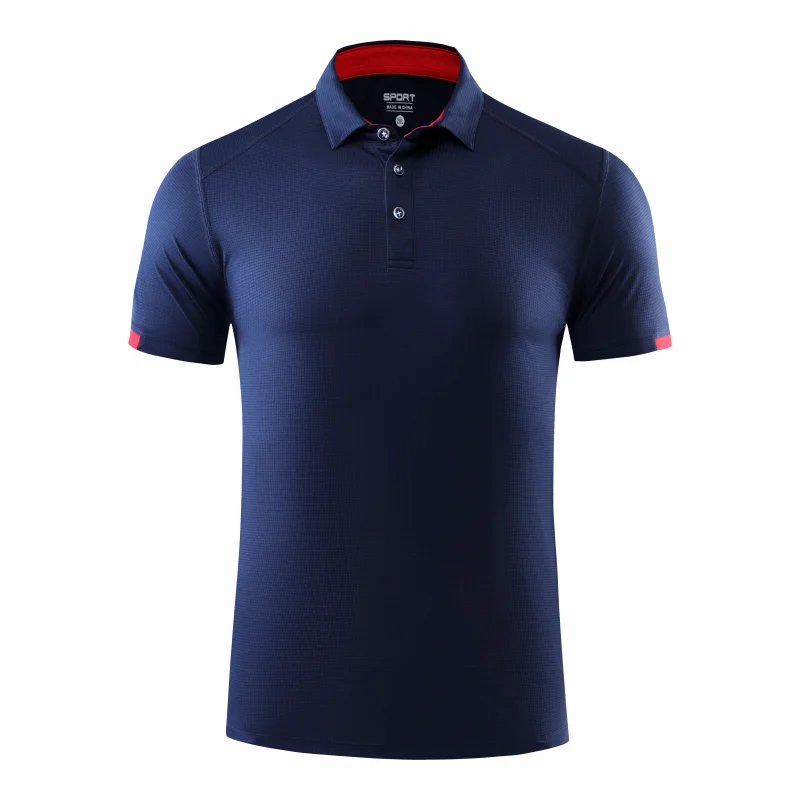 Discover the Ten Essentials Custom Quick-Dry Polo Shirt: a navy blue, moisture-wicking polyester polo designed for outdoor sports and teamwear. Featuring a collar, three buttons, short sleeves with red-accented cuffs, its showcased against a plain white background.