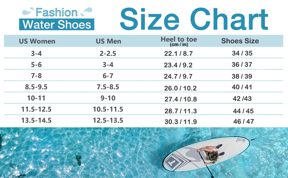 A size chart for Ten Essentials Mens Breathable Mesh Sneakers and Lightweight Non-Slip Hiking Shoes sits above an image of a person paddleboarding in clear water. Made with quick-dry fabric, the chart lists US sizes 34/35 – 46/47, plus heel-to-toe length in cm/in for men and women.
