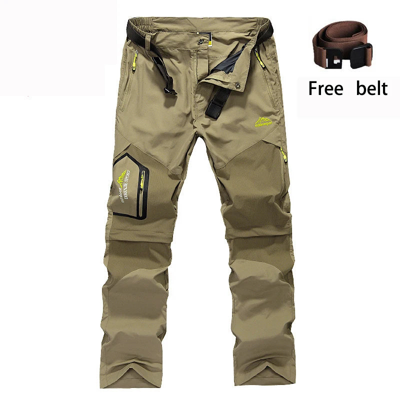 Displayed on a white background, Ten Essentials olive green Mens Convertible Quick-Dry Hiking Pants offer multi-pocket storage with stretch cargo design and come with a complimentary brown belt, ideal for outdoor adventures.
