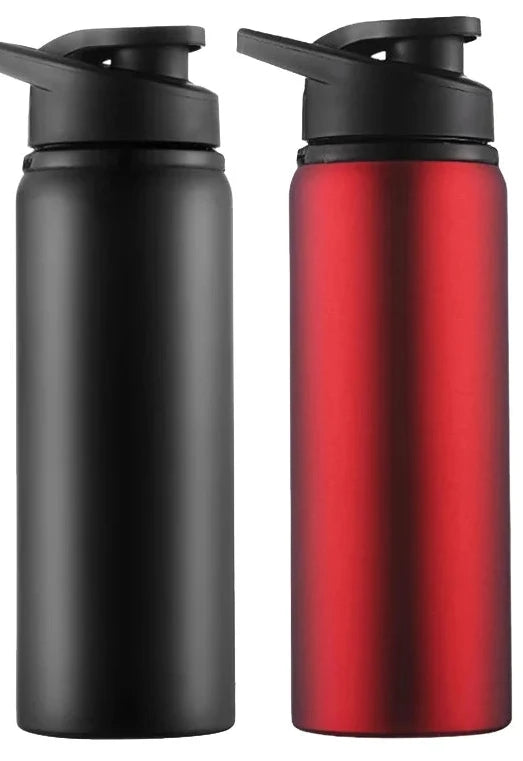 Two Ten Essentials Portable Stainless Steel Water Bottles (700ml) in matte black and shiny red are perfect for outdoor sports, featuring flip-top lids for easy access. A BLACK RED swatch shows the available colors for this reusable sport & travel flask.