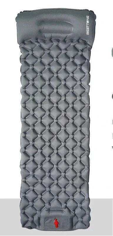 The Ten Essentials Ultralight Inflatable Camping Sleeping Pad features a built-in pump and travel pillow. It unfolds to 190cm x 58cm, packs down to 27cm x 10cm, and weighs only 740g. Made from durable waterproof materials with a diamond-patterned surface for comfort and easy storage.