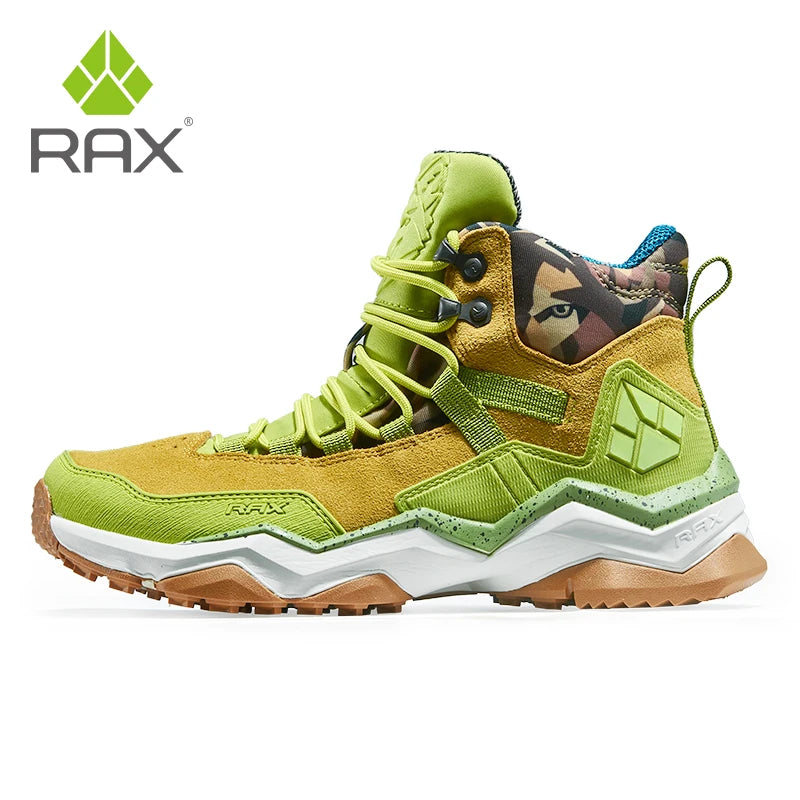 The Ten Essentials RAX Womens Waterproof Hiking Boots feature a vibrant green and tan design with high ankle support, a geometric pattern, multicolored elements, and an antislip rubber outsole for superior grip. Lightweight and rugged, they sport the brand logo on the side and top left corner.