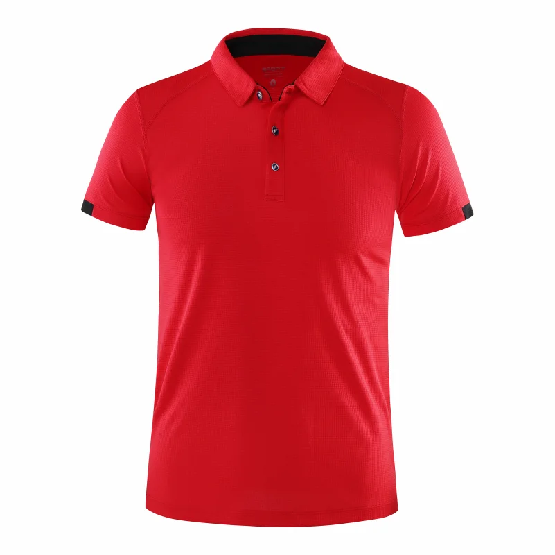 The Custom Quick-Dry Polo Shirt by Ten Essentials is a unisex outdoor sports & teamwear piece, featuring red fabric, black-accented short sleeves, and a ribbed collar. Made from moisture-wicking polyester with a glossy finish and front button placket.