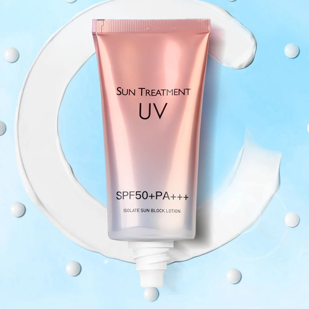The packaging for Ten Essentials SPF 50+ Lasting Sunscreen Cream sits atop a light blue backdrop with water droplets. The pink tube with a white cap showcases its name, promoting its hydrating and whitening benefits.