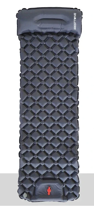 The Ten Essentials Ultralight Inflatable Camping Sleeping Pad in navy blue features a built-in foot pump and travel pillow. It measures 190cm x 58cm unfolded and 27cm x 10cm packed, weighs only 590g, and is made from durable waterproof materials with a textured, cushion-like surface.