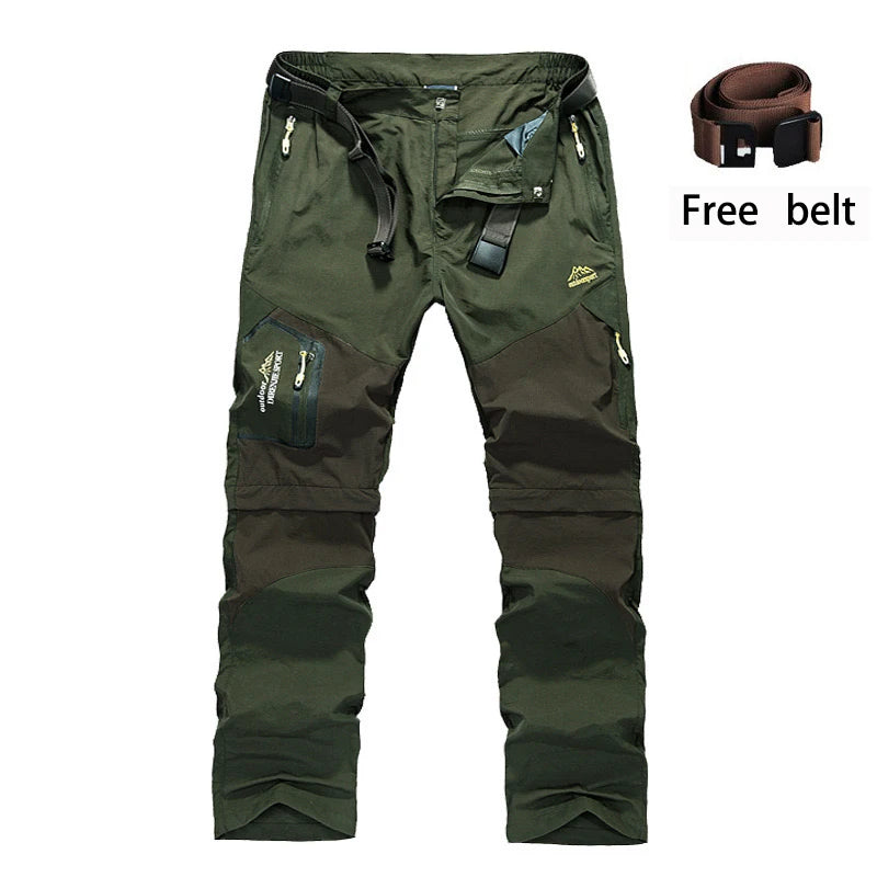 Ten Essentials Men’s Convertible Quick-Dry Hiking Pants, with reinforced knees and multiple pockets, come in green with a black belt looped through the waistband. A brown belt is also shown labeled Free belt, making them perfect for outdoor adventures.