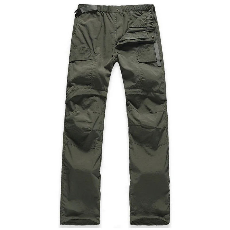 The NUONEKO Womens Convertible Hiking Pants by Ten Essentials, in olive green with an adjustable waistband and reinforced knees for durability, are displayed against a white background. Made from quick-dry fabric, these pants feature multiple pockets and are perfect for water-resistant hiking.