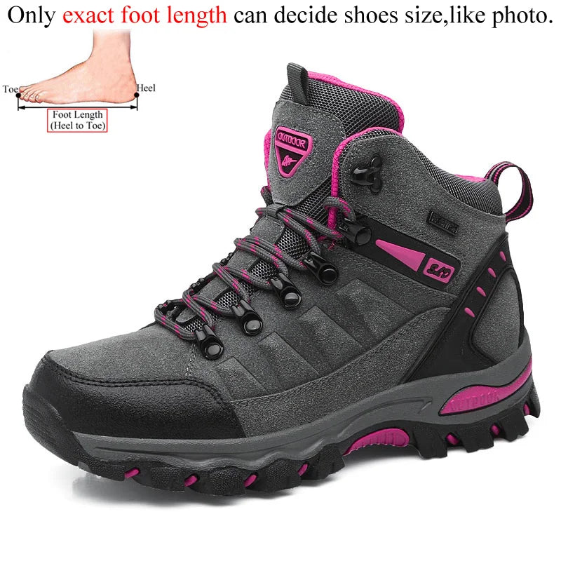 The Ten Essentials Women’s Winter Trekking Boots in gray and pink, accented with black, are showcased for outdoor adventures. A diagram on the top left illustrates toe-to-heel foot measurement to ensure a precise fit based on foot length.