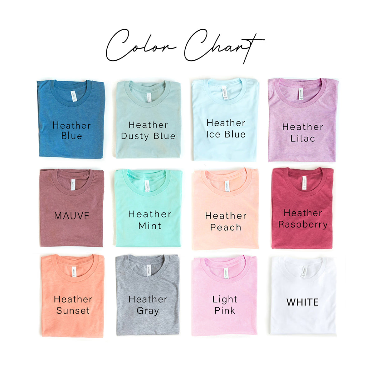 Explore T-Shirt Crazeds Faith T-Shirt color chart with 12 premium quality unisex fits, featuring vibrant shades like Heather Blue, Mauve, and Light Pink. Each tee seamlessly blends style and comfort in a grid display thats sure to impress.