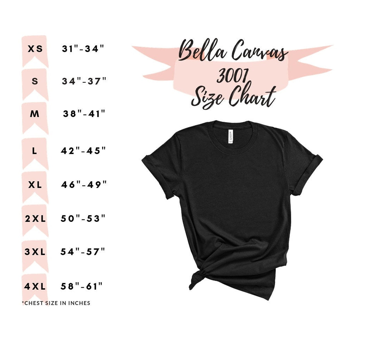 The size chart for the Faith T-Shirt by T-Shirt Crazed features premium fabric with chest measurements: XS: 31-34, S: 34-37, M: 38-41, L: 42-45, XL: 46-49, 2XL: 50-53, and 3XL:54-57”.