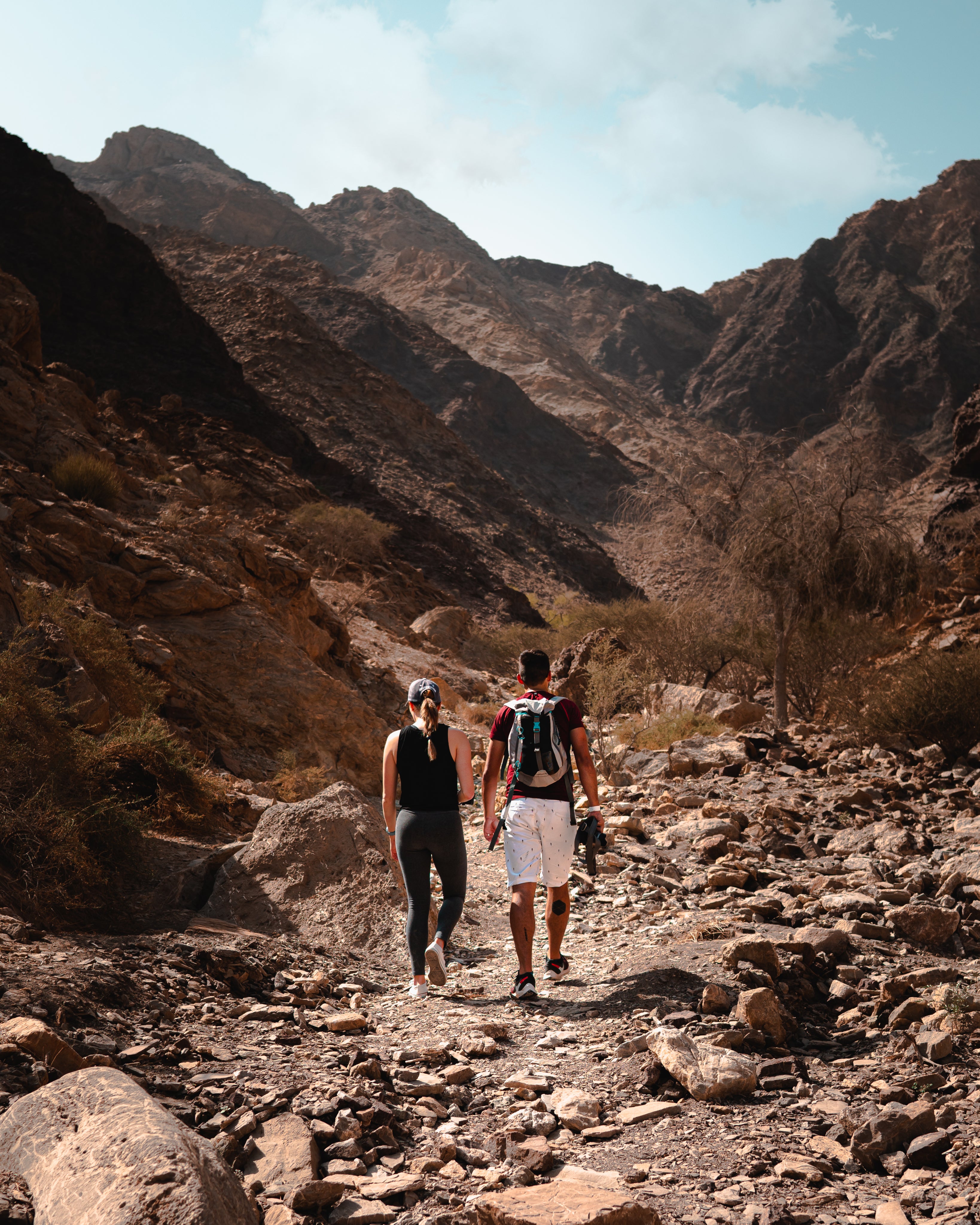 A man and woman are hiking on a rocky trail in a mountainous area. The terrain is rugged with scattered bushes under a clear blue sky. Both hikers carry backpacks, and the sun casts shadows on the path and surrounding slopes.