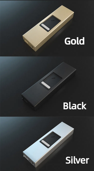 Three rectangular devices lie against a dark backdrop: one gold, one black, and one silver. Each has a central black grip and small indented button, mirroring the sleek design of eprolos Telescopic Pulse Arc Lighter with LED Flashlight.