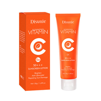 Orange packaging and tube of SPF 50 Vitamin C Sunscreen Cream by Modalyst. This formula claims to brighten skin, protect against UV rays, and repair sun damage. Infused with collagen, it offers 50g or 1.69 fl oz for radiant, youthful skin.