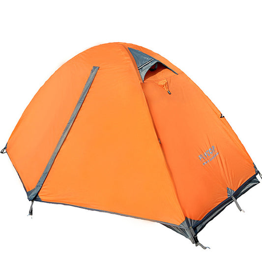 An eprolo Outdoor Double Camping Rainproof Tent, ultra-light and ideal for high-altitude adventures, is set up with an orange dome and gray accents against a white background. The tent features reflective strips, a top ventilation opening, and has its entrance flap partially open to reveal the interior.