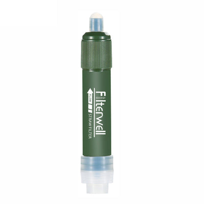 The eprolo Emergency Direct Drinking Water Purifier is a green portable cylindrical water filter straw with advanced filtration, featuring a capped mouthpiece and transparent end. Ideal for outdoor activities, it serves as an emergency drinking water purifier.