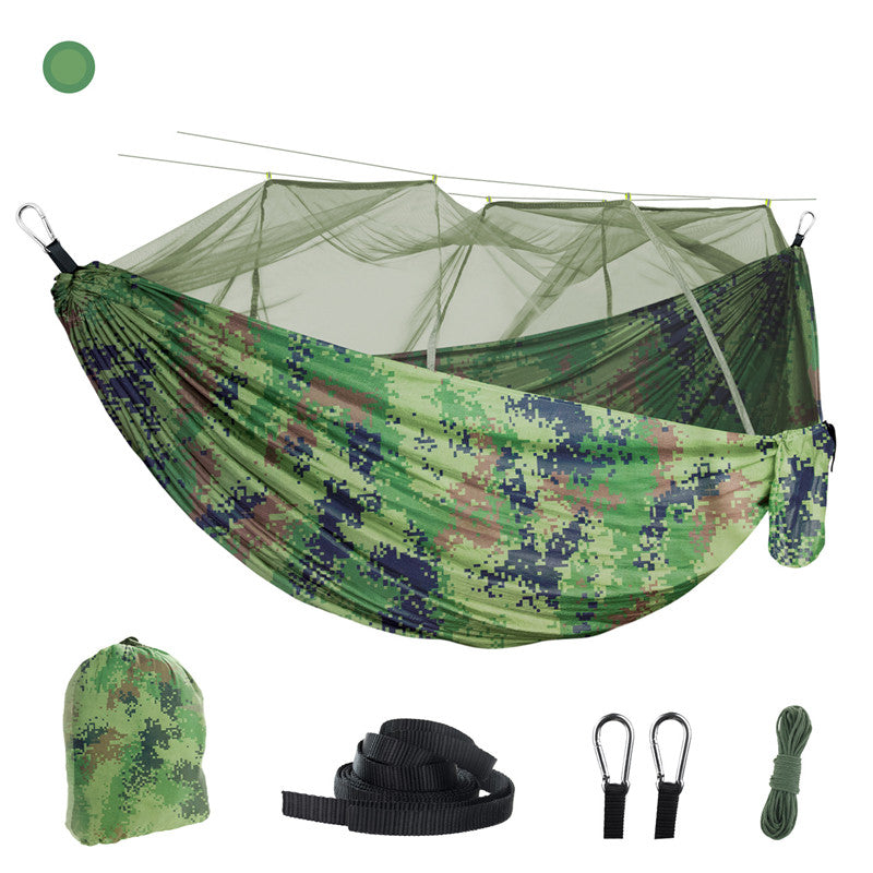 The eprolo Portable Camping Hammock, made from durable 210T parachute nylon, features a camouflage pattern with a built-in mosquito net. It includes green and black straps, hooks, and a matching drawstring bag for outdoor adventures.