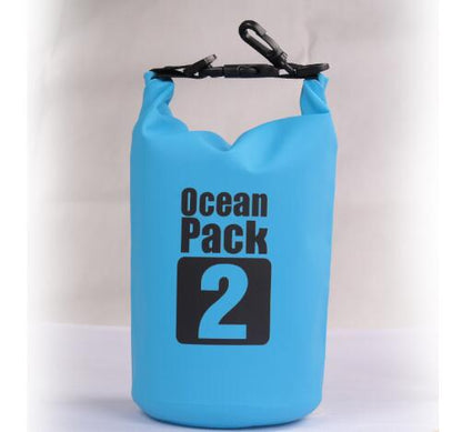 The eprolo Aolikes 2L Ultralight Waterproof Dry Bag, perfect for camping, hiking, and water sports, is blue with a black clip closure on top. Lightweight and compact, it stands against a plain white background.