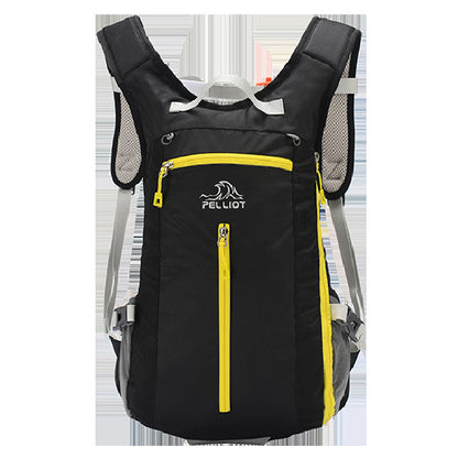 The eprolo Pelliot Outdoor Backpack, in black and yellow, is ideal for hiking, cycling, and travel. It includes a zippered front pocket and padded shoulder straps. Crafted with wear-resistant materials, it offers durability and large capacity for essentials while remaining compact.