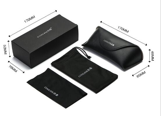 A black rectangular box and sleek leather pouch are beside a drawstring pouch and COOLSTEP cloth. These accompany eprolos Photochromic Sunglasses Polarized Chameleon - Mens, ensuring polarized HD vision protection. Measurements in millimeters surround the items.