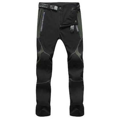 The Mens Quick-Dry Color-Stitched Hiking Pants by eprolo are black and green, featuring multiple pockets, reinforced knees, and a belt. With a rugged, windproof design, these pants are ideal for outdoor activities like hiking or tactical use.