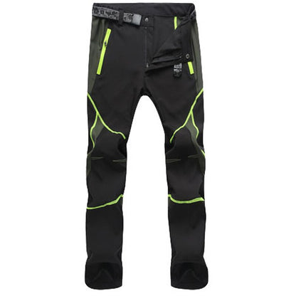 Eprolos Mens Quick-Dry Color-Stitched Hiking Pants offer a windproof design in black with neon green stitched accents and zippers, reinforced knees, an adjustable waist belt, and multiple pockets—ideal for outdoor adventures.
