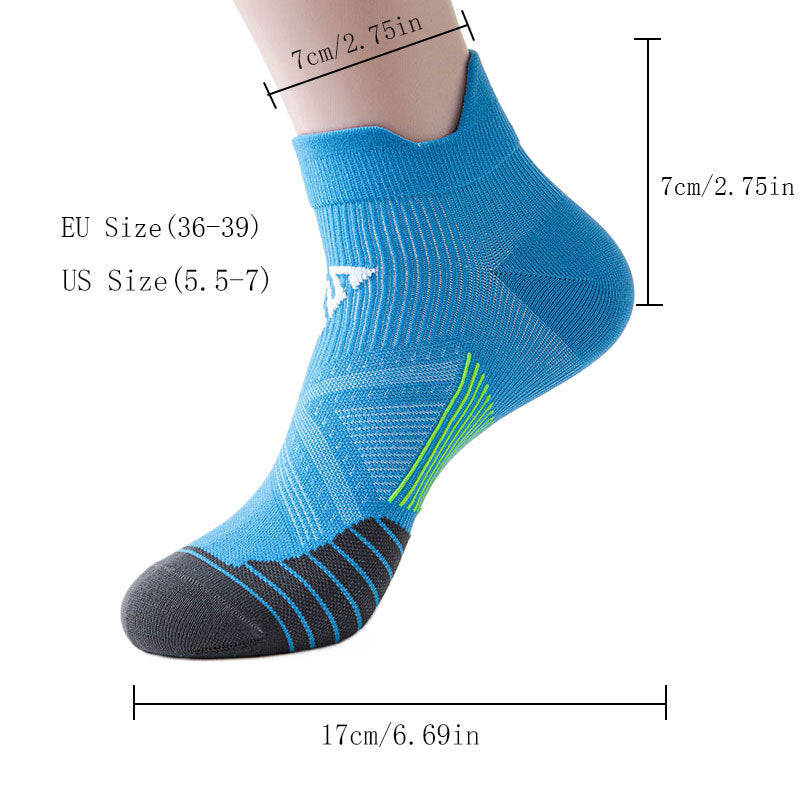 Close-up of a Modalyst blue sock with green and gray accents, featuring anti-blister protection. It has size labels: EU 36-39, US 5.5-7, and measures 17cm/6.69in long and 7cm/2.75in high.