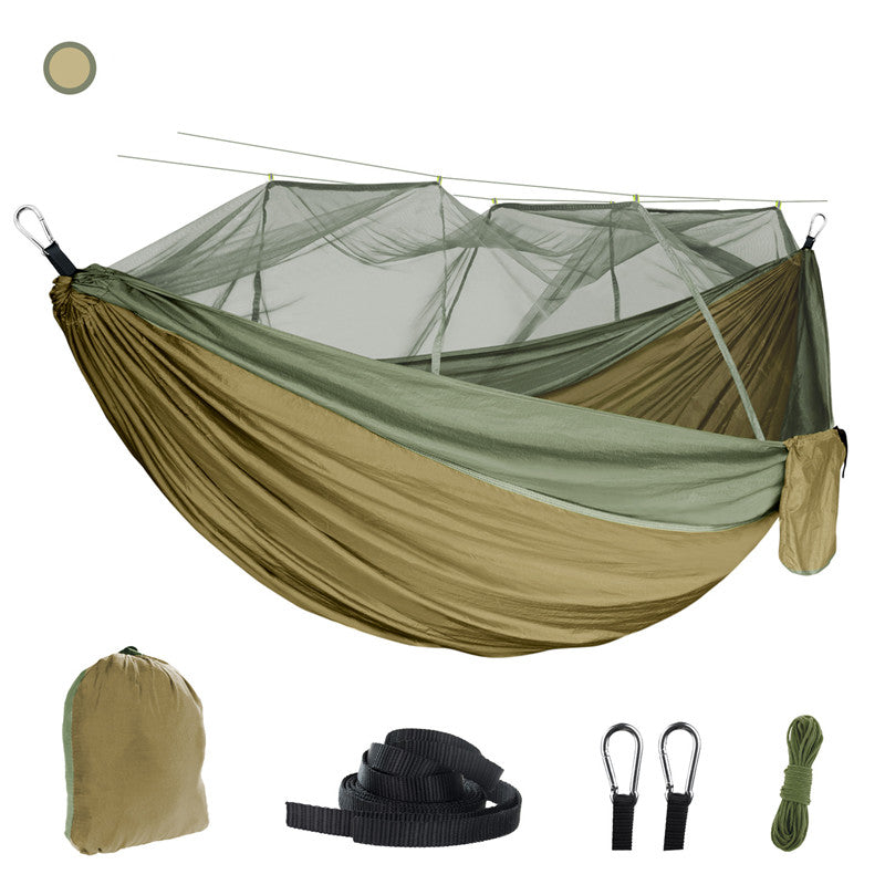 The eprolo Portable Camping Hammock with Mosquito Net is made of durable 210T parachute nylon and includes ropes, straps, carabiners, and a carry bag. It features a two-tone design set against a white background for a clean display.