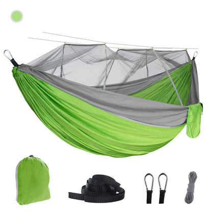 The eprolo Portable Camping Hammock features a green and gray 210T parachute nylon design with a mosquito net. This lightweight hammock includes a carry bag, straps, carabiners, and rope.
