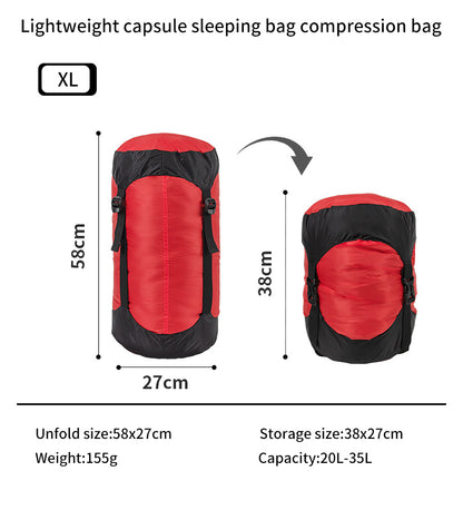 The eprolo XL Lightweight 40D Nylon Compression Stuff Sack, red and black, is perfect camping gear. Shown in images: unfolded (58x27x58 cm) and storage size (38x27x38 cm). It holds 20L-35L and weighs just 155g.