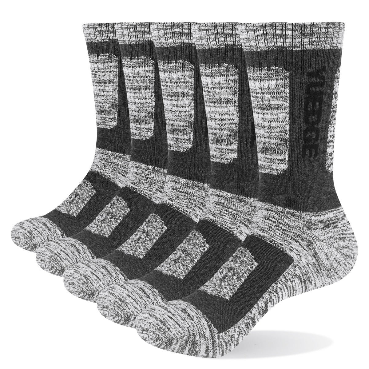 This set of five gray and black marled crew socks from eprolo features breathable pure cotton, thickened terry bottoms for extra comfort, ribbed texture, and reinforced toes and heels. Ideal for outdoor sports.