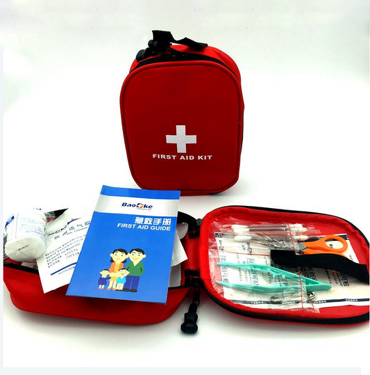The eprolo 25-Piece Compact First Aid Kit, ideal for camping, hiking, or car use, features a red pouch with a white cross. It includes bandages, tweezers, scissors, and a first aid guide with a family illustration. The organized compartments make it perfect for outdoor emergencies.