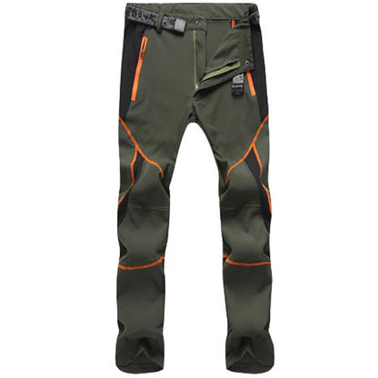 Eprolo Mens Quick-Dry Color-Stitched Hiking Pants in olive green and black with orange accents. These windproof workwear pants feature zip closures, reinforced knees, and multiple pockets for hiking or outdoor use.