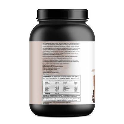 The PureEx Absolute Whey - Chocolate from Purex Nutrition is a black container of whey protein, labeled with ingredients, nutritional info, use instructions, and a table detailing protein content, BCAAs, vitamins, and minerals to support muscle recovery.